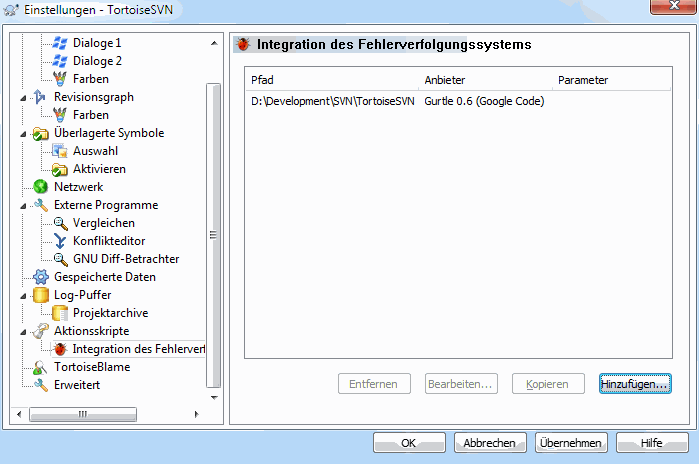 Der Einstellungsdialog, Integration eines Fehlerverfolgungssystems