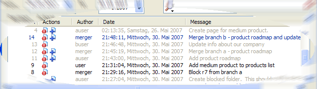 Log dialog showing entries
    with merge history