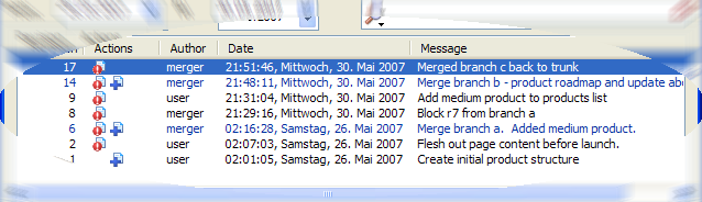 Log dialog showing entries
    without merge history