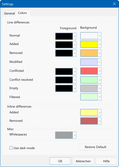 La página de Configuración de colores