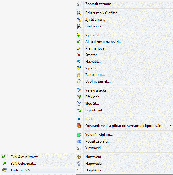 Kontextové menu pro adresář pod správou verzí