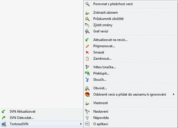 Kontextové menu průzkumníka pro soubory s verzí