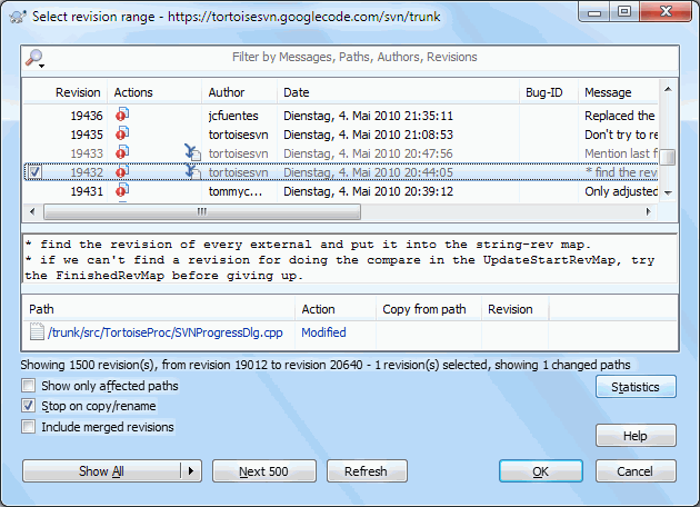 The Log Dialog Showing Merge Tracking Revisions