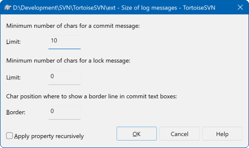 Size of log messages property page