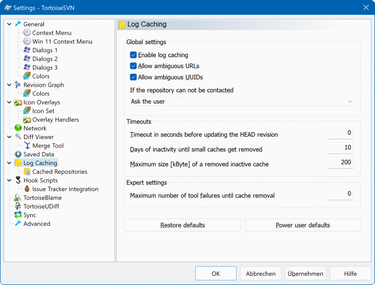The Settings Dialog, Log Cache Page