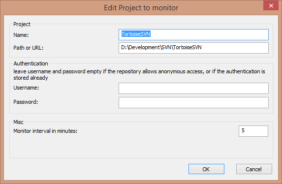 The edit project dialog of the project monitor