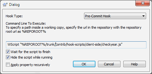 Property dialog for hook scripts